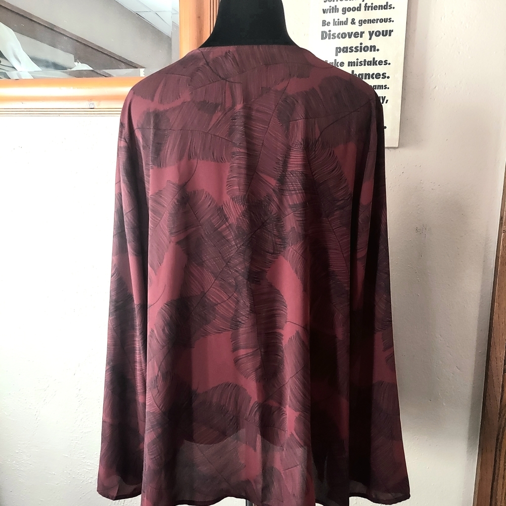 Liz Claiborne Deep Wine Sheer Leaf-Print Open Front Top with Rhinestone Trim XL - Picture 5 of 6